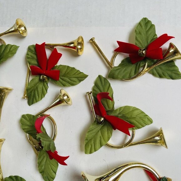 Gold Horn Napkin Rings Poinsettia Green Red Bells Christmas Holiday Party - Picture 5 of 6